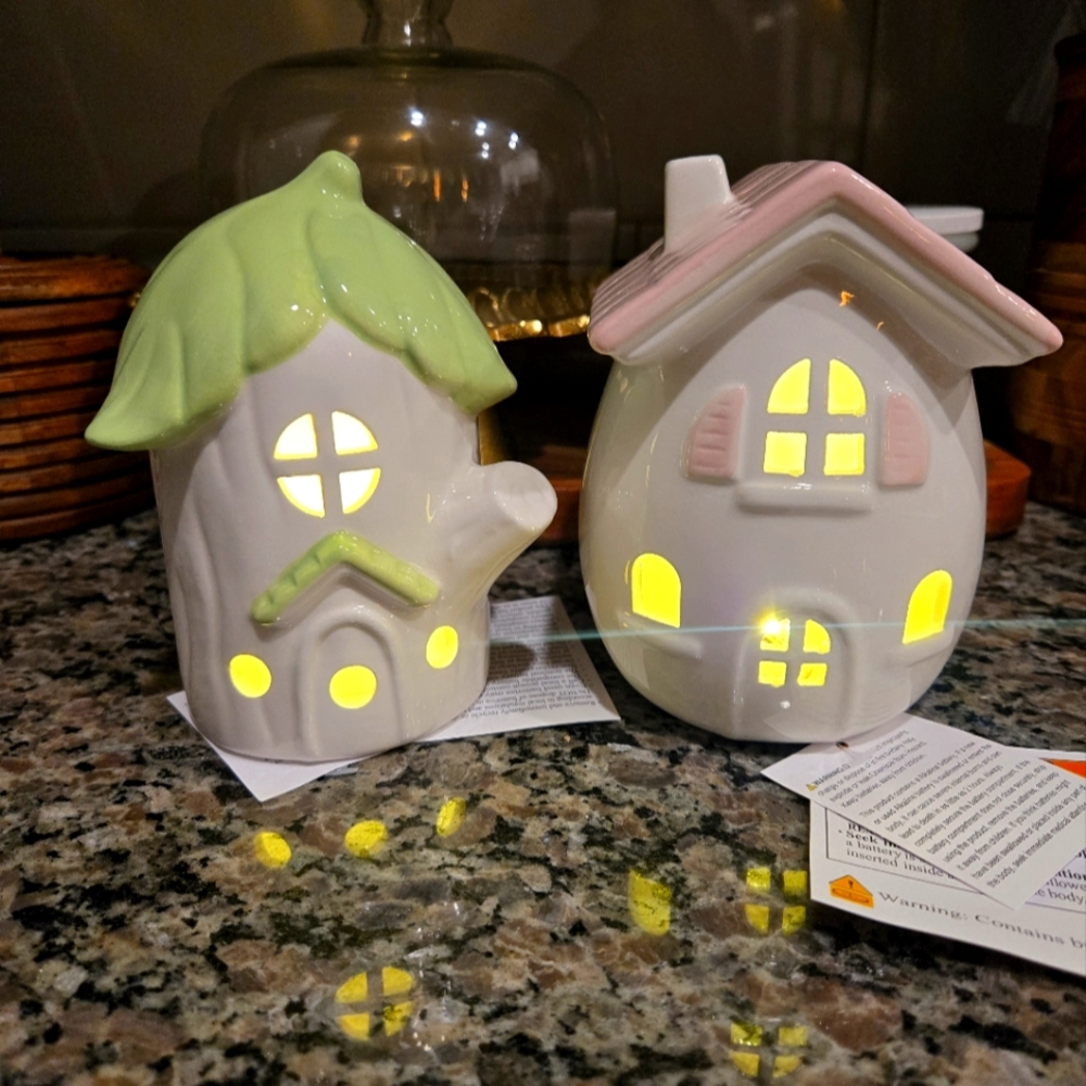 Two Light Up Ceramic Easter Houses